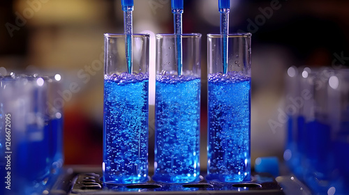 Laboratory test tubes with blue liquid being filled photo