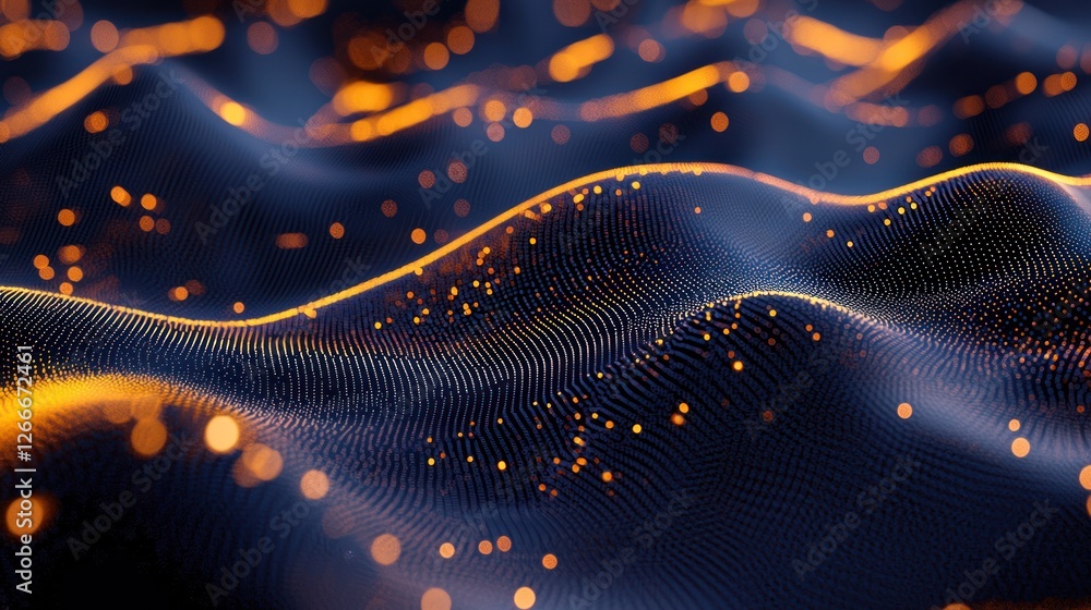 Abstract Digital Waveform: Glowing Orange Particles on Dark Blue Background Abstract Digital Waveform: Glowing Orange Particles on Dark Blue Background