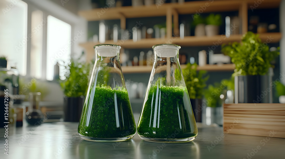 Green algae in flasks, modern kitchen, research Green algae in flasks, modern kitchen, research