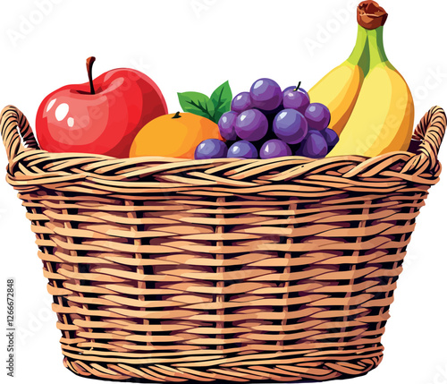 Vsai wicker basket overflowing with fresh fruits, apple, orange, grapes, and bananas