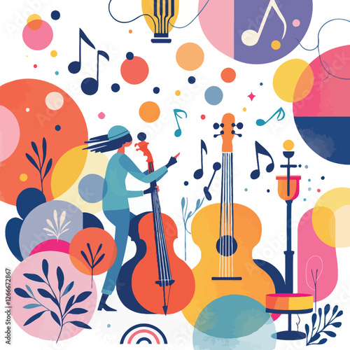Musician playing double bass with musical notes and instruments surrounding her