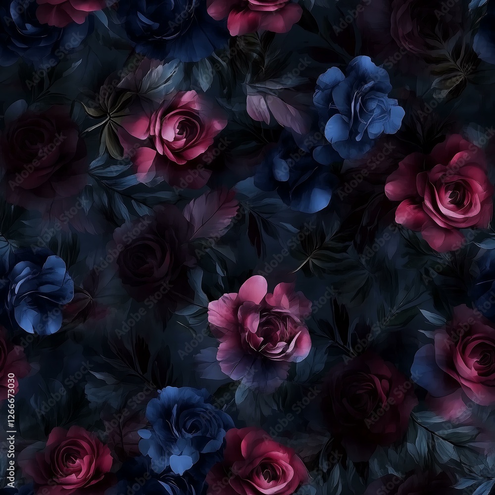 Seamless Pattern Vibrant floral pattern featuring dark roses and colorful blossoms. Seamless Pattern Vibrant floral pattern featuring dark roses and colorful blossoms.
