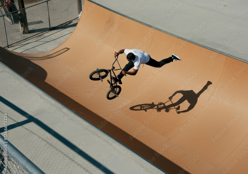 Fototapeta premium Athletic African American cyclist performing BMX stunt, midair over ramp, dramatic shadow revealing dynamic motion and freestyle riding expertise