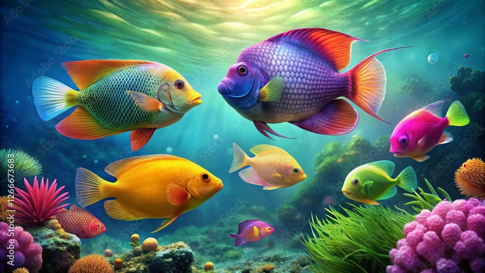 Vibrant Reef Inhabitants Swimming in a Sunlit Underwater Paradise, Displaying a Kaleidoscope of Colors and Diverse Species Vibrant Reef Inhabitants Swimming in a Sunlit Underwater Paradise, Displaying a Kaleidoscope of Colors and Diverse Species