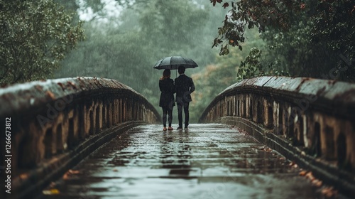 Wallpaper Mural Couple walking under umbrella rainy bridge photography serene nature side view romantic moment Torontodigital.ca