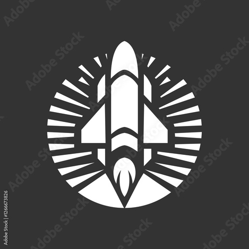 Rocket launching with dynamic rays around it in a stylish monochrome design