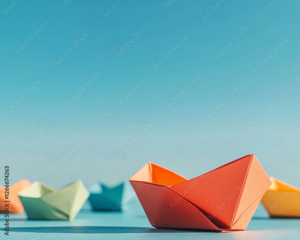 Obraz premium Minimalist Origami Leadership Display Vibrant Paper Boats on Blue Surface - Strategic Business Visualization and Innovation Guidance for Modern Marketing