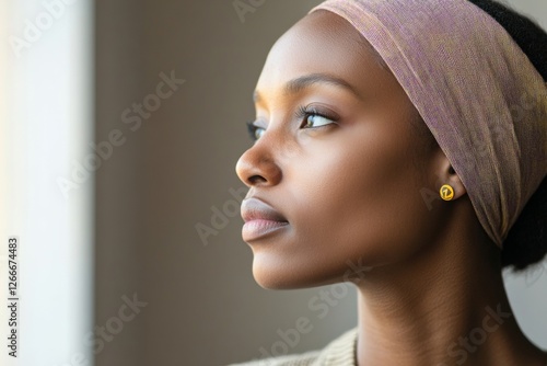 Modern Cancer Support Portrait Young Adult with Headscarf in Soft Light - Emotional Strength and Wellness Content for Healthcare and Mental Health Awareness Campaigns photo