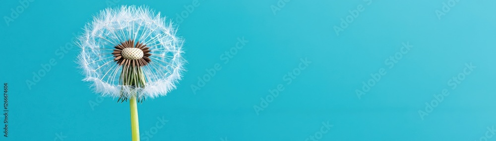 Fototapeta premium Delicate Dandelion Seed Head on Vibrant Blue Background with Soft Light and Clear Details for Nature Photography