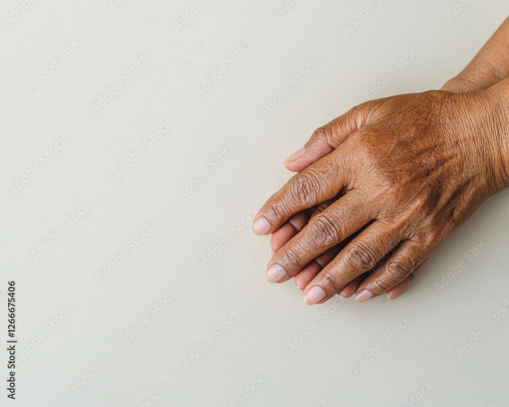 Fototapeta premium Ethereal Connection Visual Diverse Hands Clasped on Plush White Surface - Emotional Wellness Imagery for Compassionate Healthcare Communication and Human Support