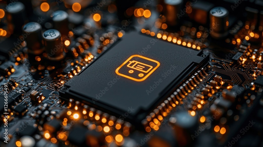 Battery icon glowing on computer chip, circuit board background, tech concept Battery icon glowing on computer chip, circuit board background, tech concept