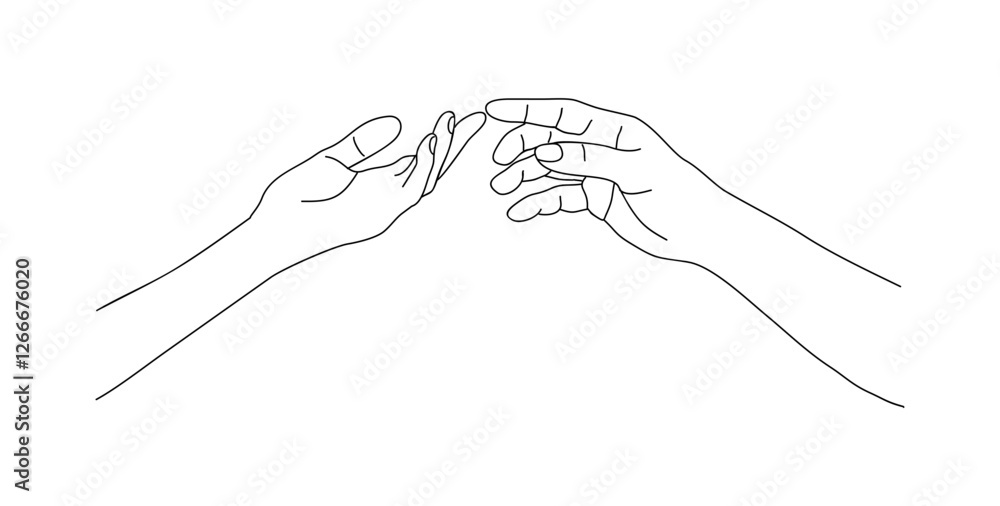 Two hands reaching towards, touching each other. Support and helping hand, relationship, friendship concept. Monochrome hand drawn line art vector illustration isolated on white background. Two hands reaching towards, touching each other. Support and helping hand, relationship, friendship concept. Monochrome hand drawn line art vector illustration isolated on white background.