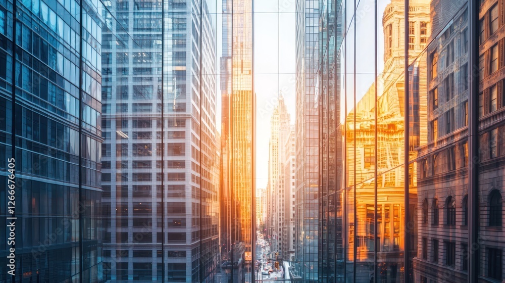 Fototapeta premium Golden Hour Cityscape: Reflections in Modern Architecture