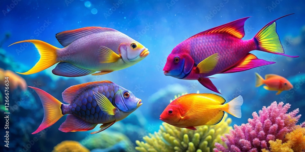 Vibrant Reef Inhabitants A Colorful Underwater Scene Featuring Four Exquisite Tropical Fish Vibrant Reef Inhabitants A Colorful Underwater Scene Featuring Four Exquisite Tropical Fish