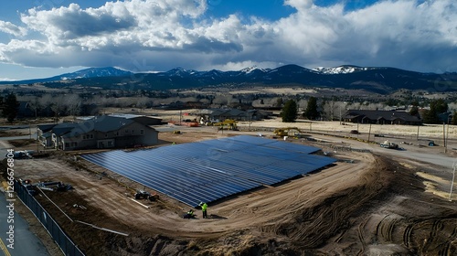 Solar installtion underway behind a large photo