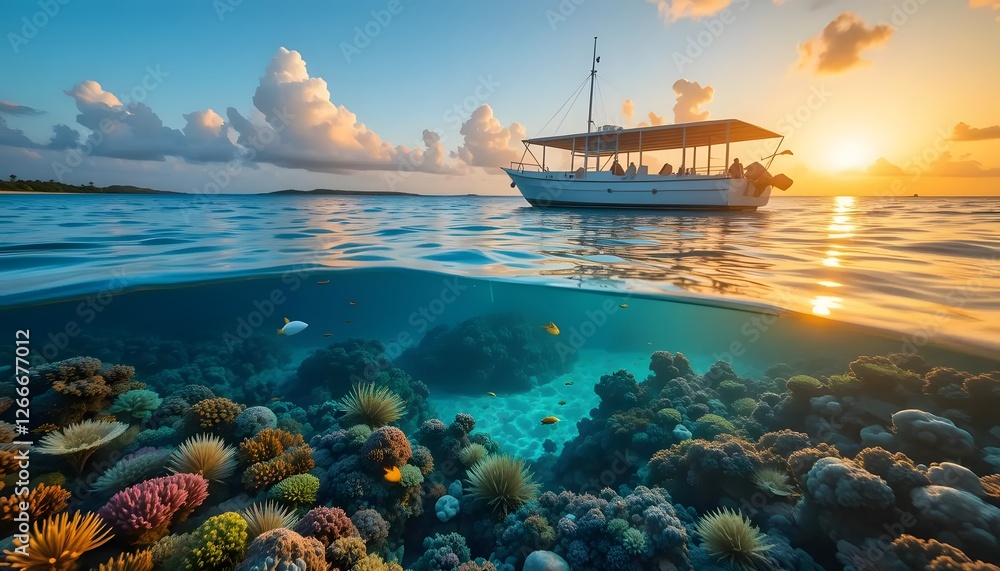 Obraz premium A tropical beach with a glass-bottom boat, floating over a colorful coral reef teeming with marine life, The water is so clear that every detail of the reef is visible from the swaying sea anemones.