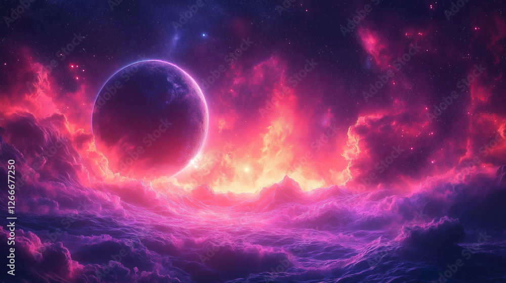 Obraz premium Fantasy pink moon over snowy mountain landscape, otherworldly scene, vibrant twilight, celestial body, surreal alien landscape, mysterious night, cosmic atmosphere, fantasy background