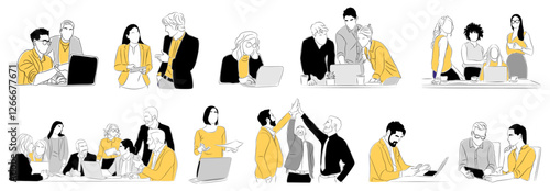 Business team members working together scenes. Business men and women Meeting, brainstorming, discussing, taking part in business activities. Vector colored line art illustrations isolated on white. 