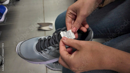 фотографія A person examines the tongue label of a new running shoe, emphasizing shopping a
