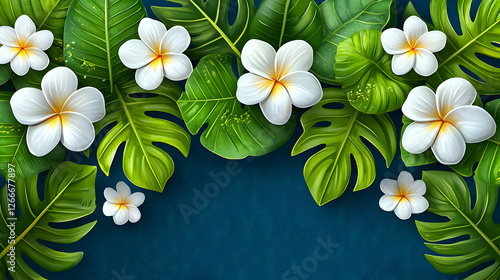 Tropical flowers and leaves on dark background. Ideal for greeting cards or invitations photo