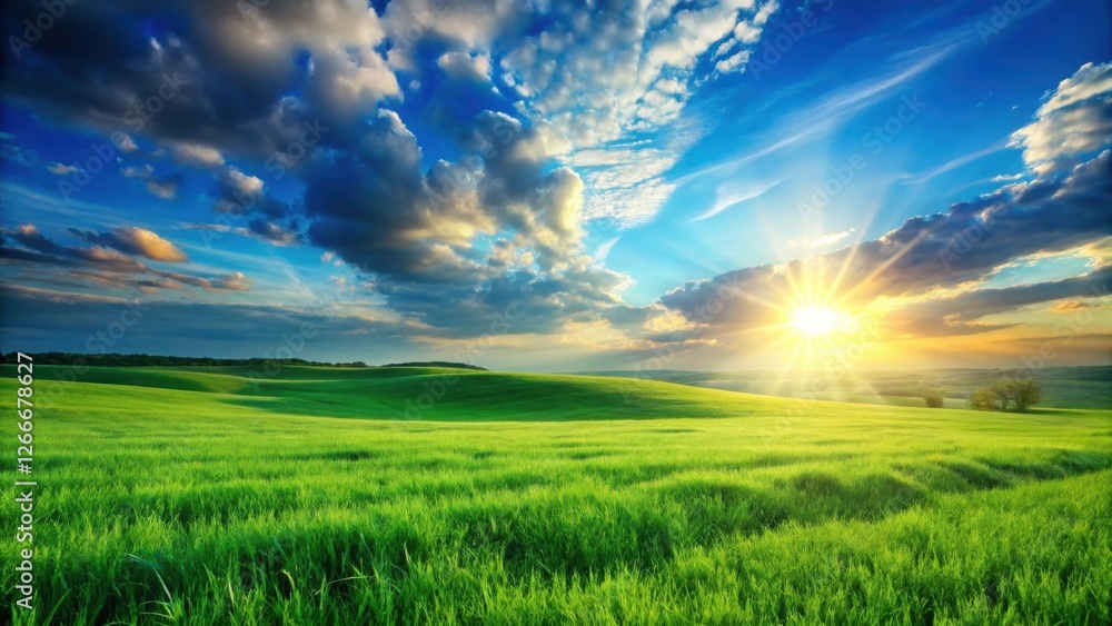 Serene Sunset Over Rolling Green Fields, A Picturesque Landscape of Nature's Beauty Serene Sunset Over Rolling Green Fields, A Picturesque Landscape of Nature's Beauty