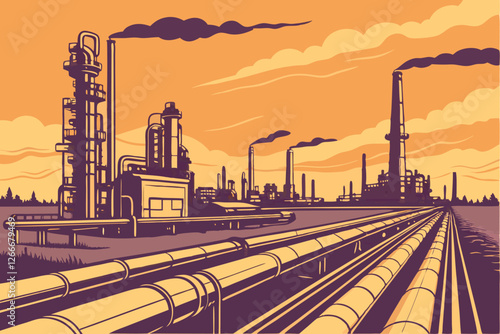  Photo of a large industrial complex at sunset, featuring rows of oil refineries with tall smokestacks and pipes stretching across the frame. The sky is a gradient of orange and purple hues, with sc