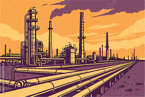  Photo of a large industrial complex at sunset, featuring rows of oil refineries with tall smokestacks and pipes stretching across the frame. The sky is a gradient of orange and purple hues, with sc