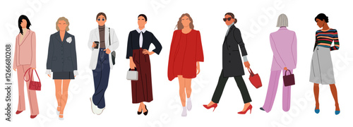 Modern women collection. Vector realistic illustration of diverse multinational standing cartoon girls in smart casual office outfit. Isolated on white background.