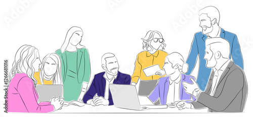 Business team members working together. Business men and women Meeting, brainstorming, discussing, taking part in business activities. Vector colored line art illustration isolated on white.
