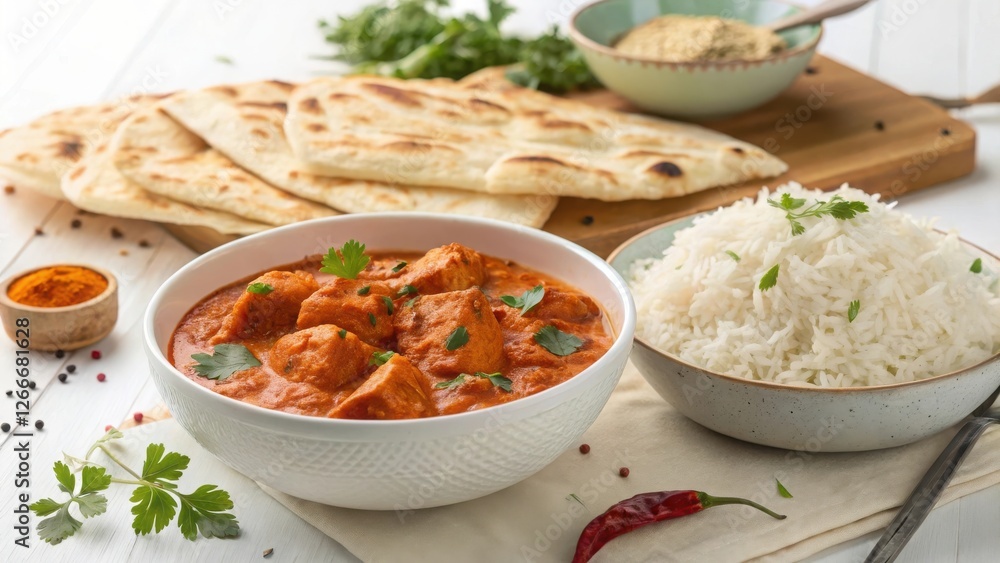 Traditional Indian Butter Chicken Curry Served with Fragrant Basmati Rice and Freshly Baked Naan Bread, A Rich and Flavorful Classic Dish Traditional Indian Butter Chicken Curry Served with Fragrant Basmati Rice and Freshly Baked Naan Bread, A Rich and Flavorful Classic Dish