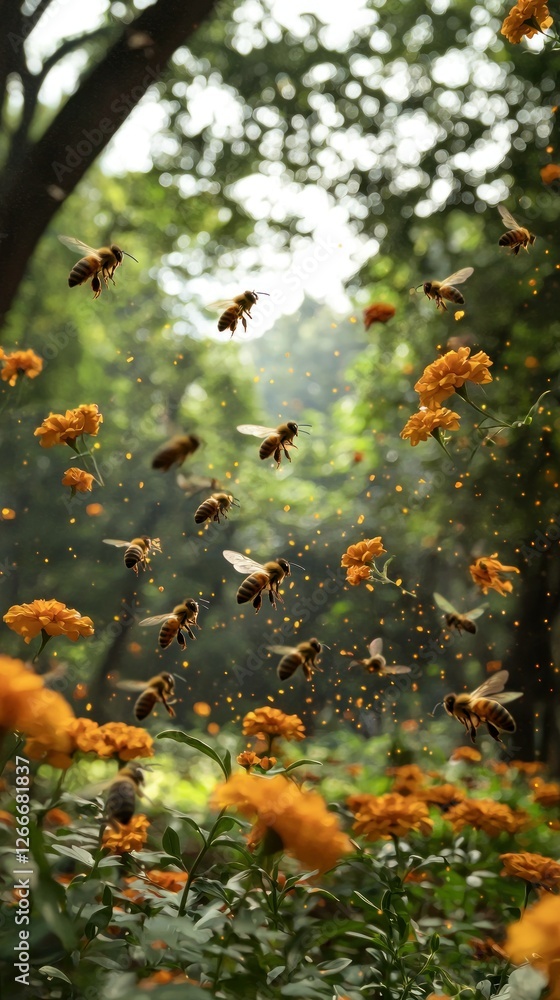 Fototapeta premium Bees pollinating marigold flowers in a garden