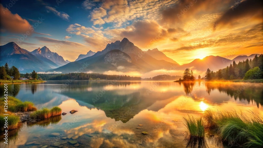 Fototapeta premium Golden Sunrise Over Serene Mountain Lake Reflecting Majestic Peaks and Tranquil Waters