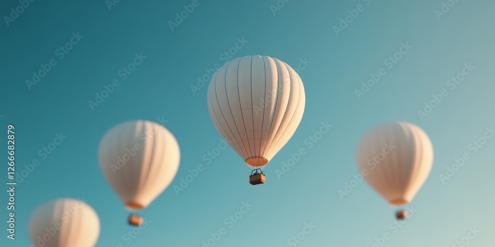 Obraz premium Serene Aerial Adventure Elegant Hot Air Balloons Floated Over Rugged Terrain for Travel Branding and Experiential Tourism Marketing - Captivating Natural Morning Textures
