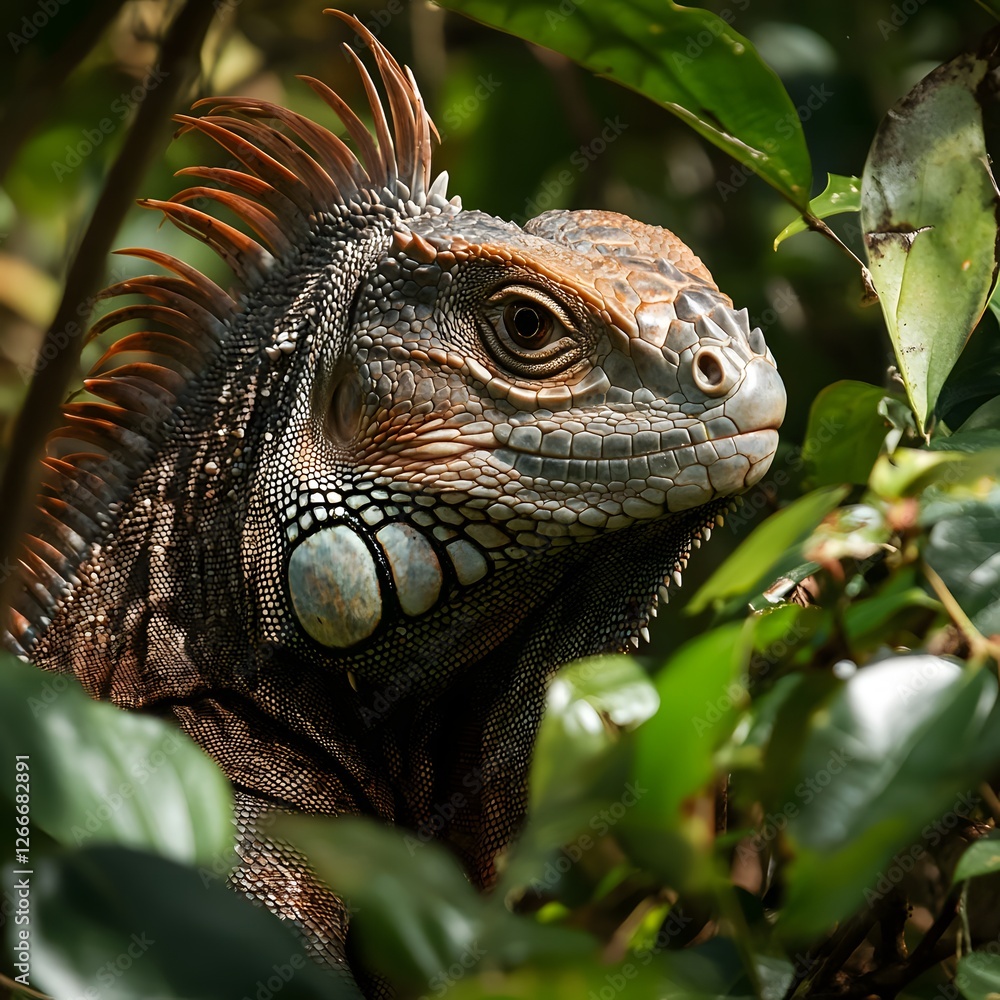 Obraz premium A tropical iguana with a strong crest on its head, camouflaging amongst the dense rainforest undergrowth.