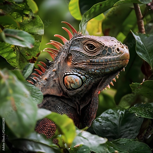 A tropical iguana with a strong crest on its head, camouflaging amongst the dense rainforest undergrowth. photo