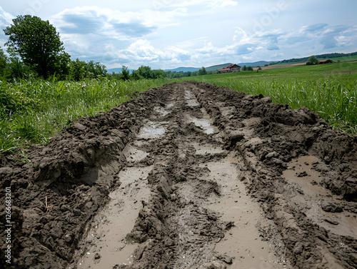 Muddy Country Road Under Cloudy Sky photo