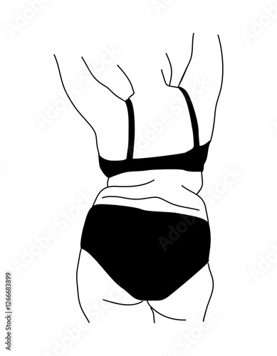 Line art vector illustration of curvy woman in underwear. Plus size girl in bikini Body positive abstract minimalist drawing for wall art, poster, card, logo. Isolated on white background.