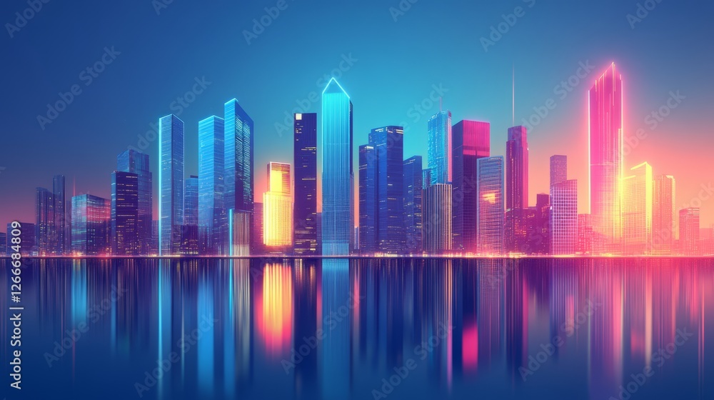 Fototapeta premium Futuristic smart city skyline with modern skyscrapers and glass facades reflecting urban architecture – high-tech financial district with a dynamic graphic perspective and blue toned background for co