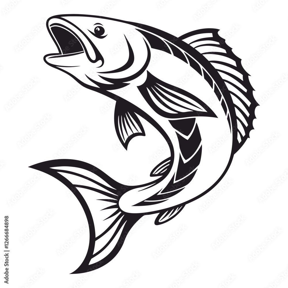 Fototapeta premium Jumping Fish Silhouette Black and White Vector.