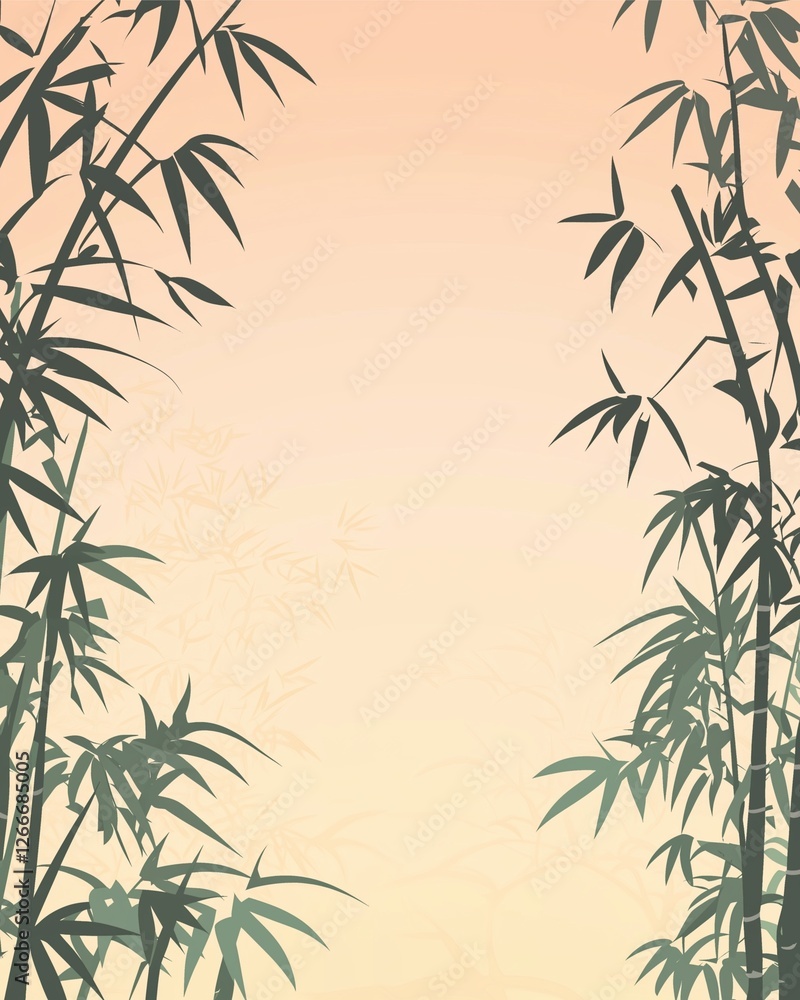 Obraz premium Bamboo Silhouette at Dawn: Serene silhouette of bamboo stalks against a soft peach sunrise. Ideal for meditation, spa, or tranquility themes.