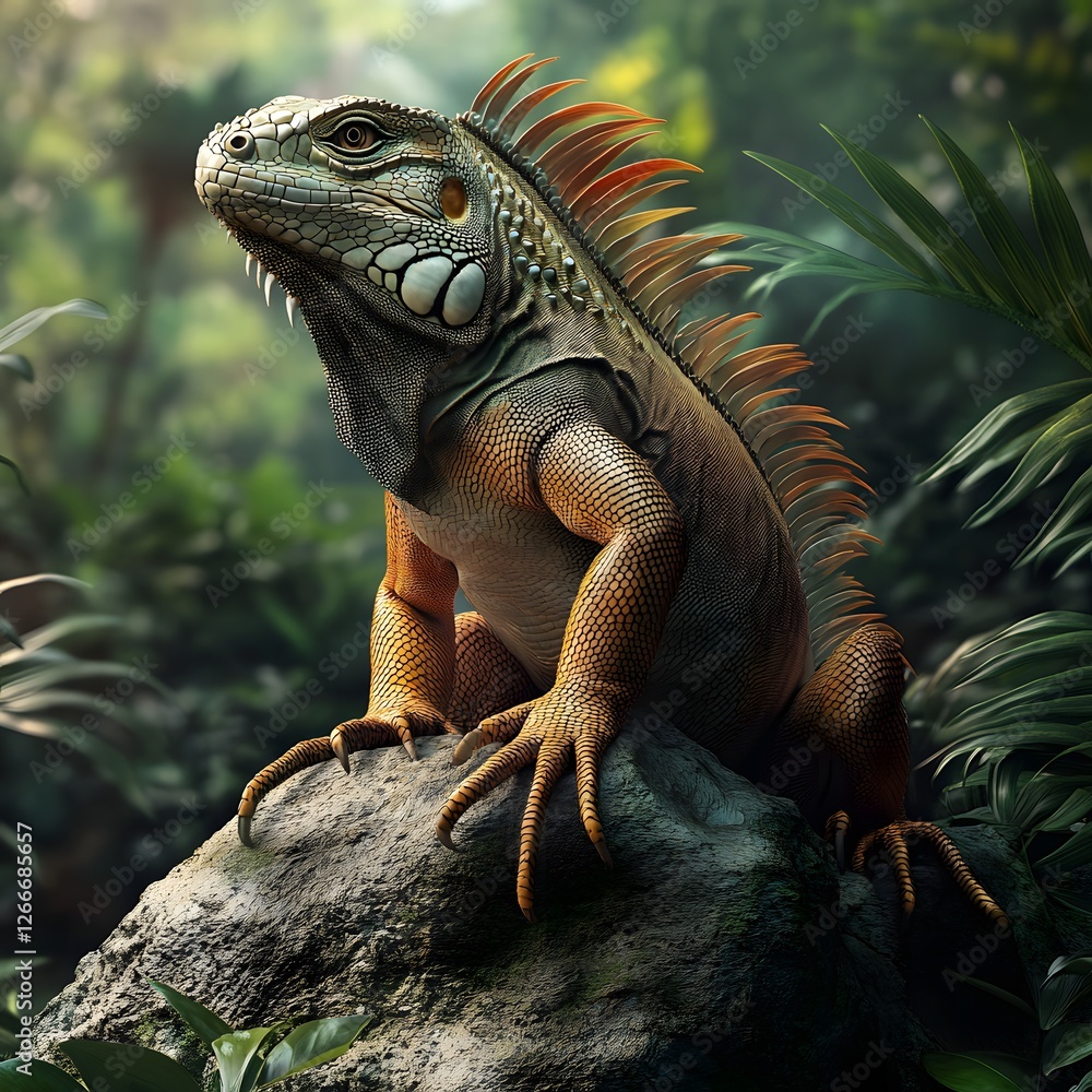 Fototapeta premium A slow-moving iguana navigating through the jungle, its long tail swaying gently with each step.