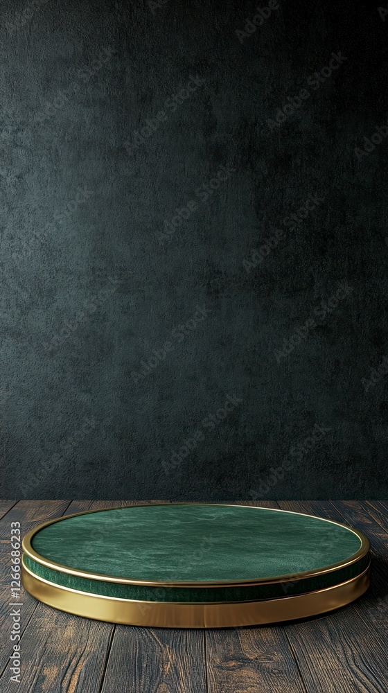 green circular pedestal with golden edges on the left side of an empty dark background, front view green circular pedestal with golden edges on the left side of an empty dark background, front view