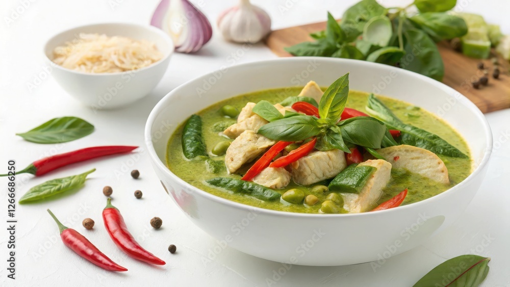 Fragrant and Spicy Thai Green Curry with Chicken and Coconut Milk, Served with Aromatic Jasmine Rice and Red Chilies Fragrant and Spicy Thai Green Curry with Chicken and Coconut Milk, Served with Aromatic Jasmine Rice and Red Chilies