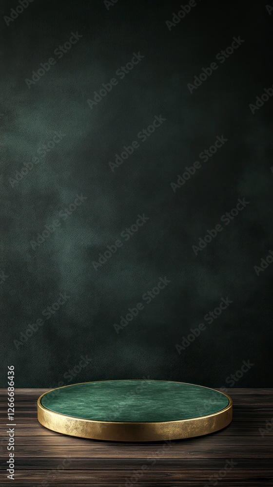 green circular pedestal with golden edges on the left side of an empty dark background, front view green circular pedestal with golden edges on the left side of an empty dark background, front view