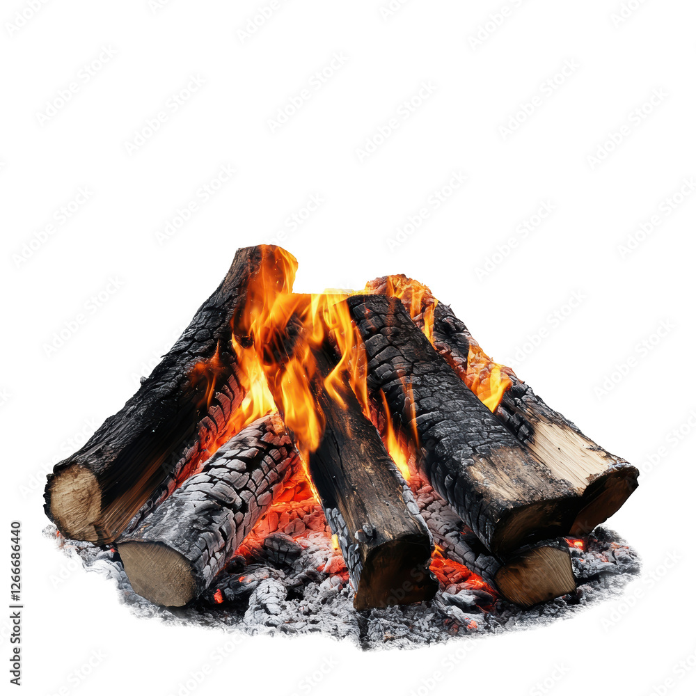 Isolated Fiery Campfire with Charred Logs and Embers Isolated Fiery Campfire with Charred Logs and Embers