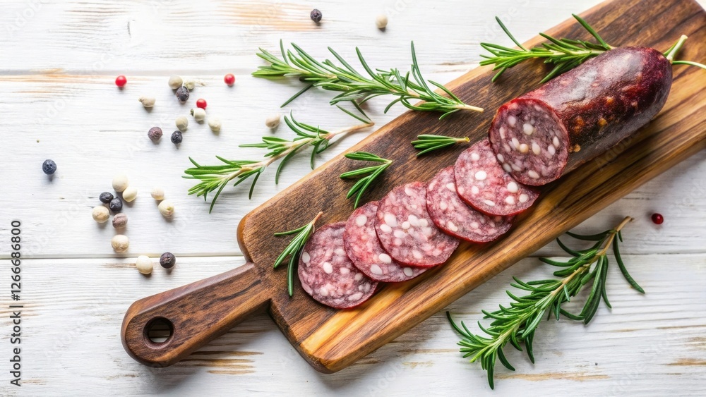 Savory Smoked Sausage Slices on Rustic Wooden Board with Aromatic Rosemary and Peppercorns Savory Smoked Sausage Slices on Rustic Wooden Board with Aromatic Rosemary and Peppercorns