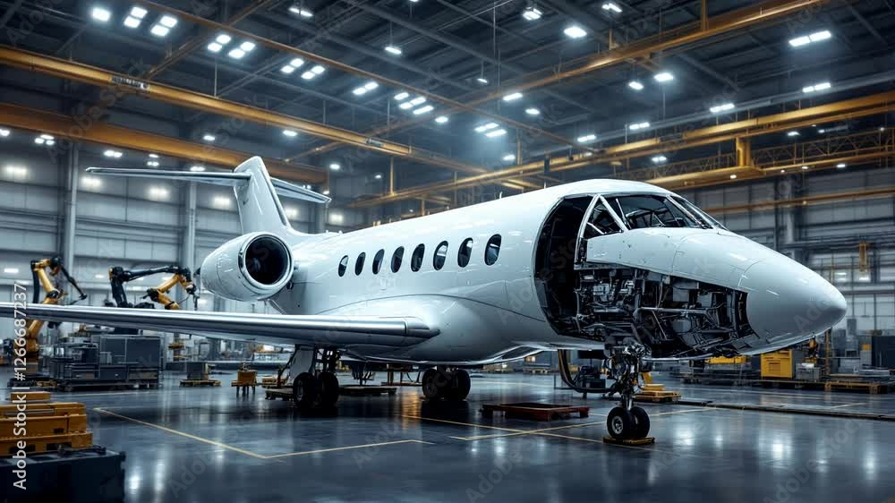 Aircraft Maintenance and Assembly in a Modern Hangar: A Close-up View of Engineering Precision Aircraft Maintenance and Assembly in a Modern Hangar: A Close-up View of Engineering Precision