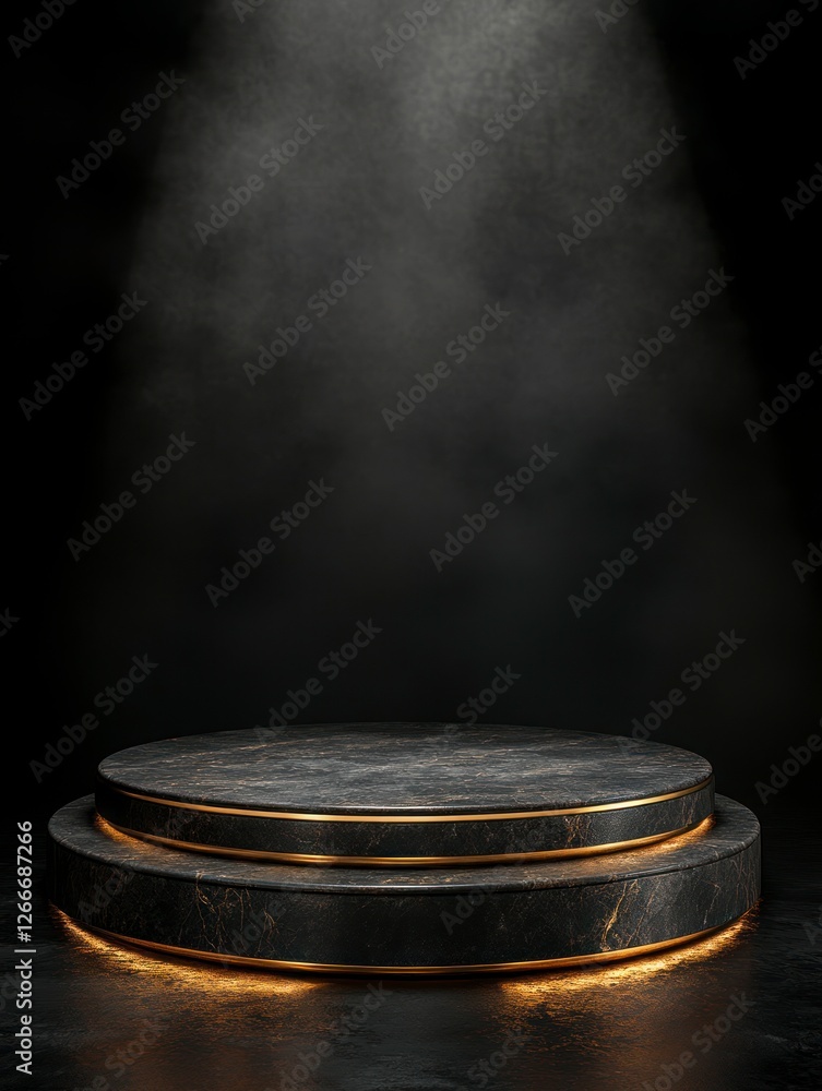 dark stone podium with golden trim, against a black background. dark stone podium with golden trim, against a black background.