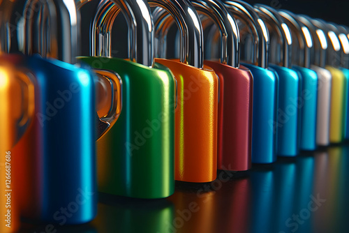 Colorful Padlocks in a Row on Dark Surface photo