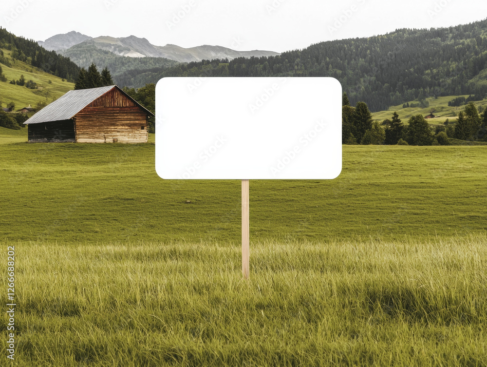 Empty sign in green field with mountains and barn in background Empty sign in green field with mountains and barn in background